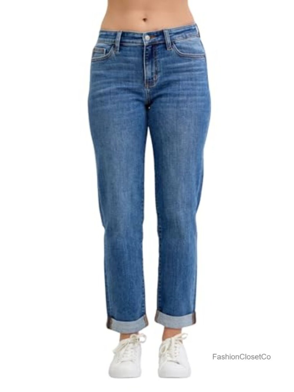 Mid-Rise Boyfriend Fit Cuffed Jeans - Tapered Leg